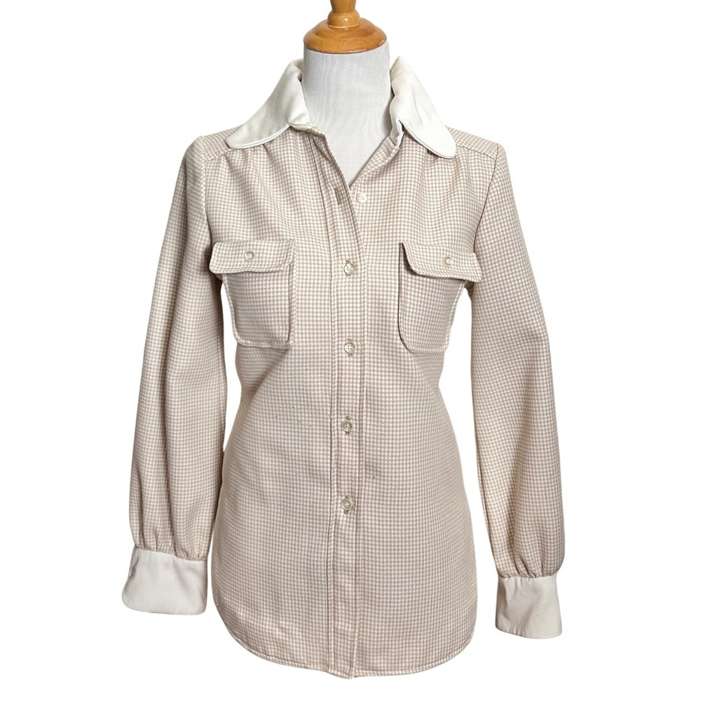 Vintage 70s Buttons by Hili Houndstooth Dagger Collar Shirt M Tan White ILGWU